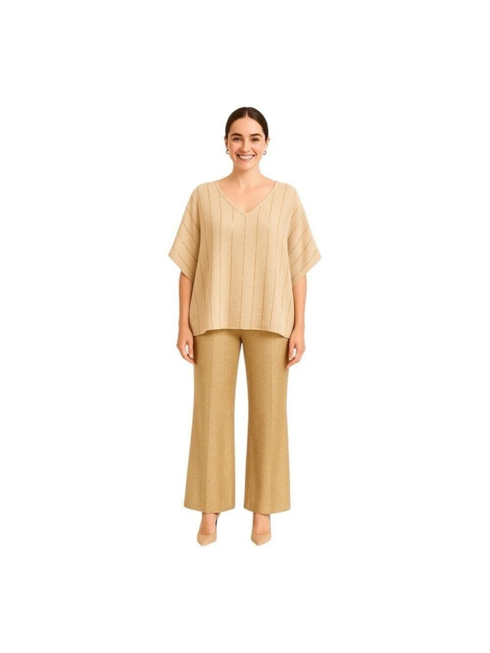 JM Collection Size L Beige Gold Sequin Stripe Poncho Style Top